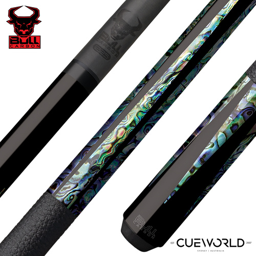 Bull Carbon Black with 6 Genuine Abalone Points Play Cue with Textured Leather Wrap