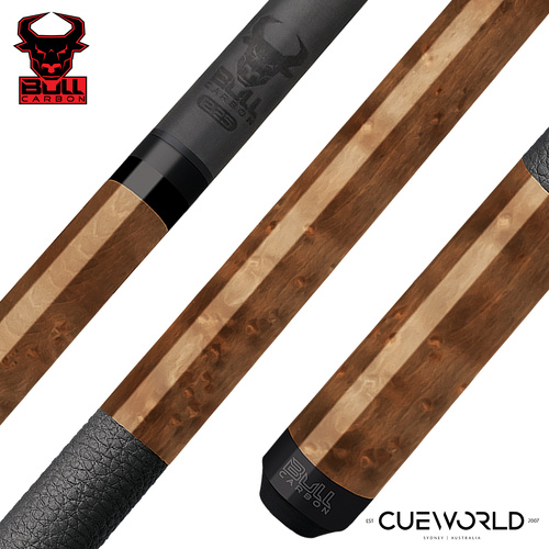 Bull Carbon Taupe-Stained Birdseye Maple Play Cue with Textured Leather Wrap