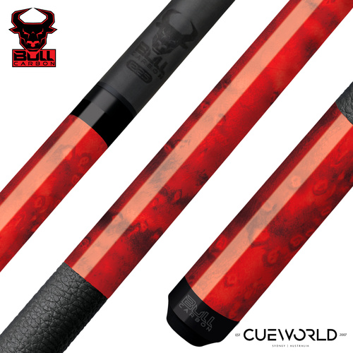 Bull Carbon Red-Stained Birdseye Maple Play Cue with Textured Leather Wrap