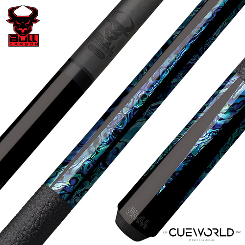Bull Carbon Black with 6 Iridescent Blue Points Play Cue with Textured Leather Wrap