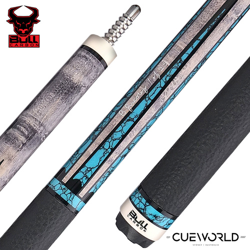 Bull Carbon By Jacoby Limited Edition Smoke Grey Blue Recon Pool Cue with Leather Wrap and RK Carbon Fibre Shaft - BCUSA1W
