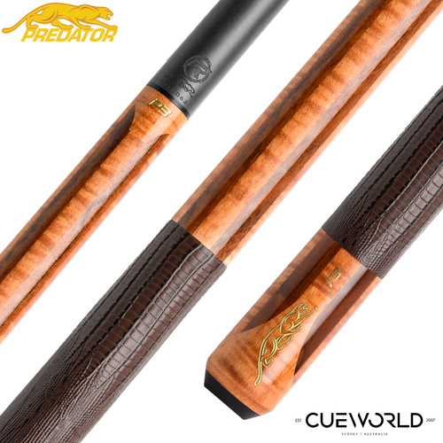 Predator P3 Aura Golden Stained Curly Maple & Bocote Pool Cue - Lizard Grain Leather Wrap